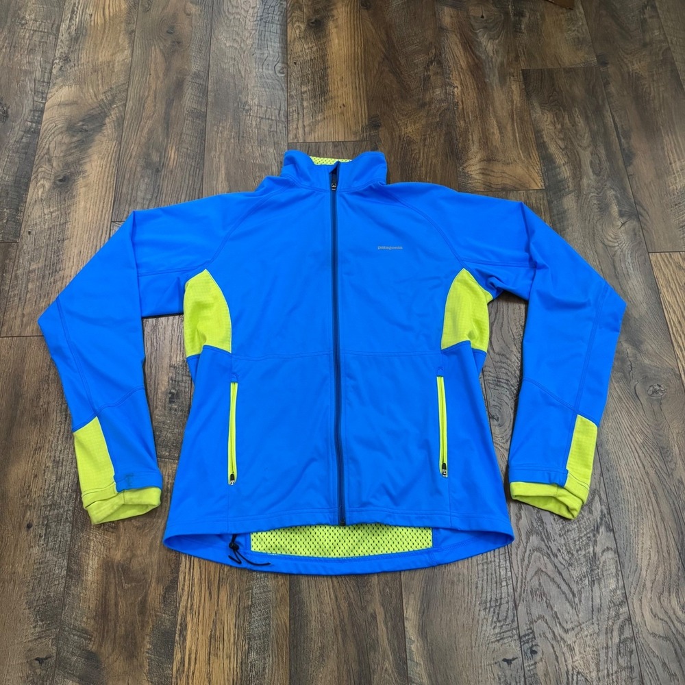 Patagonia Mens Blue Lime Green Full Zip Cycling Jacket Mesh Pocket Size M
